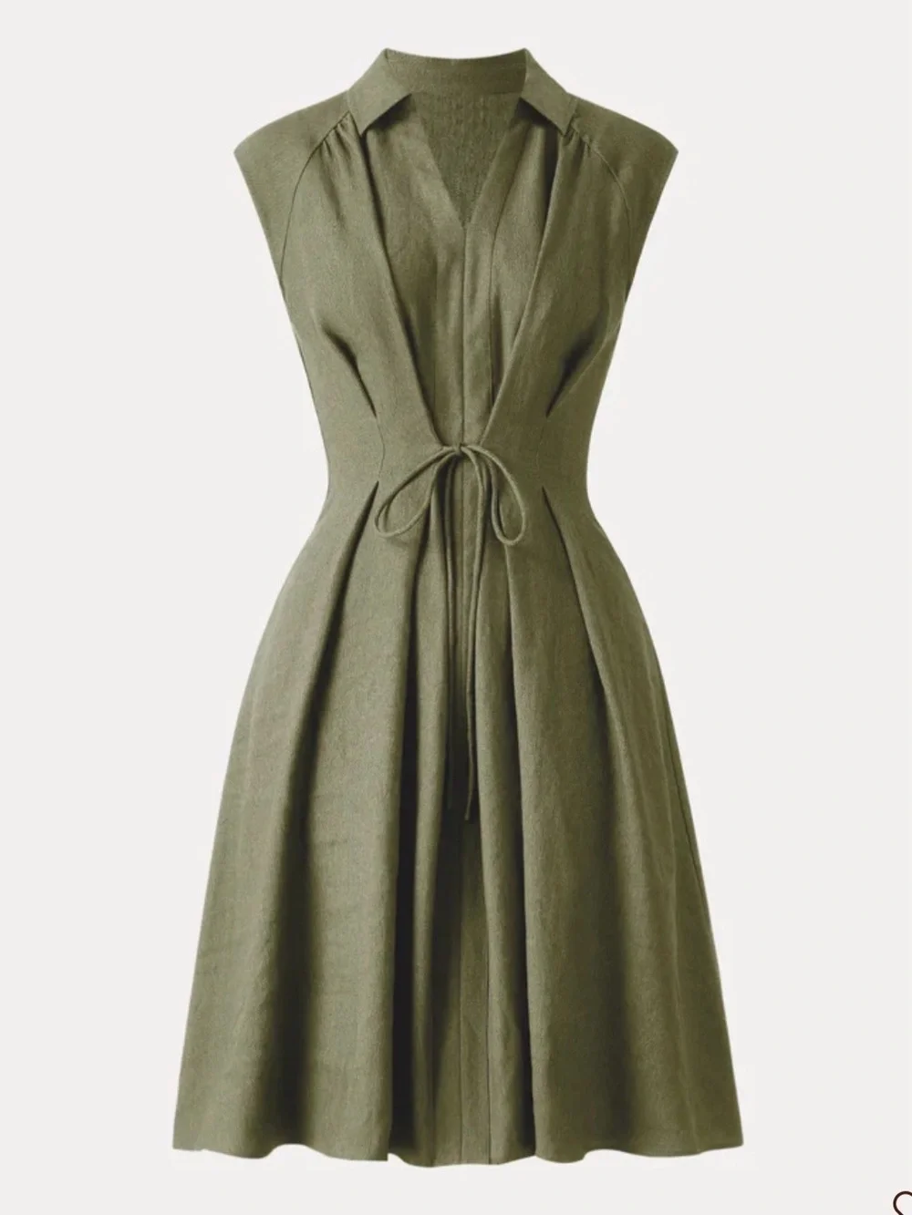OGL Viscose-Linen Collared V-neck Midi Dress with Drawstring - Picture 1 of 5